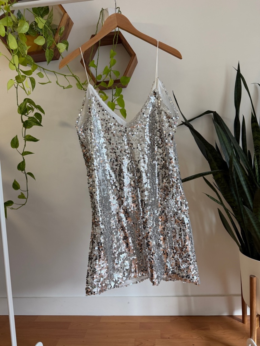 Silver Sequin Mini Dress - Sparkling Party Slip Dress - Picture 2 of 5